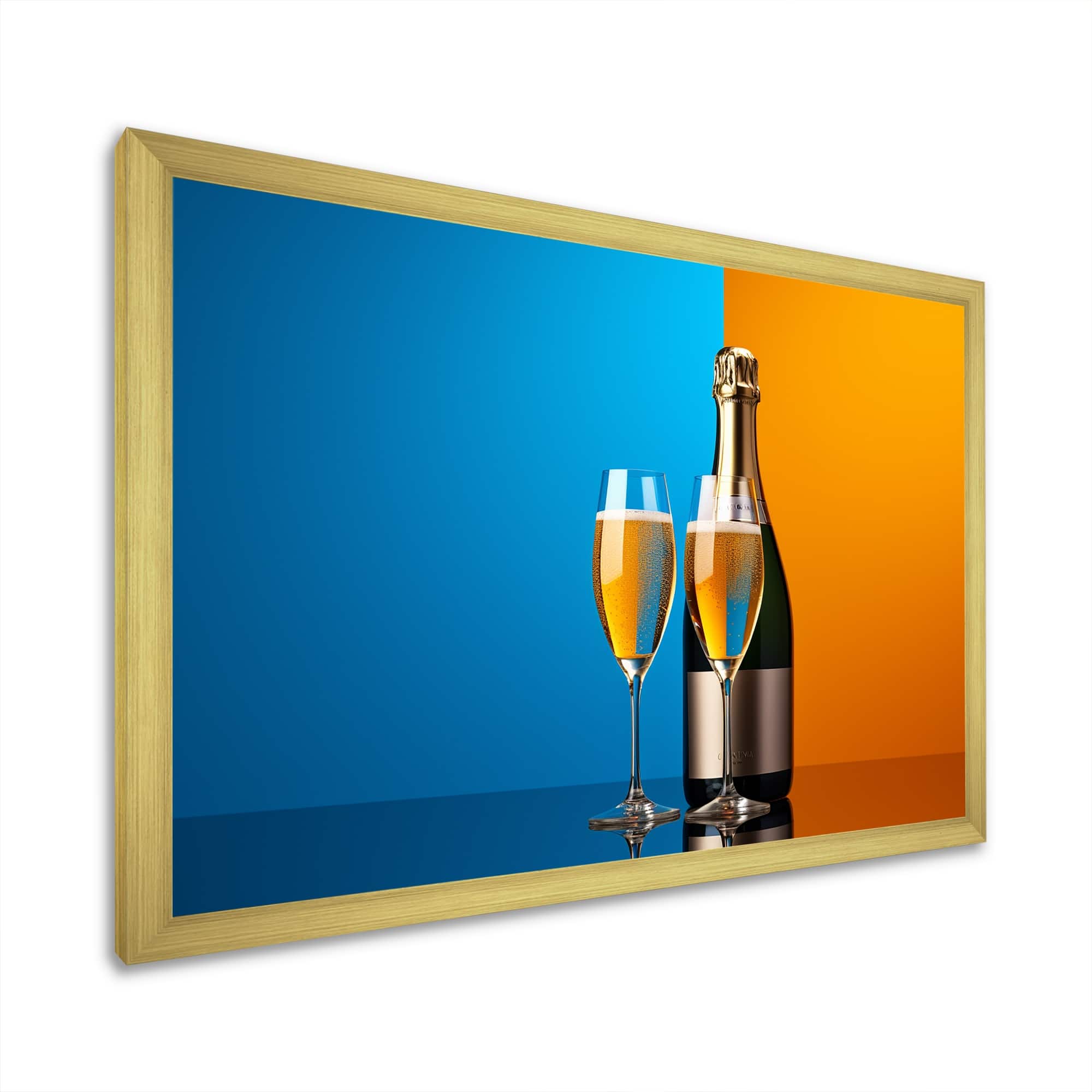 Designart "Blue And Gold Champagnes Contrast Collage" Champagne Framed